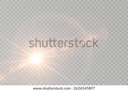 Sun rays with lens glow flicker on soft gradient. Transparent light beams enhance realistic sunlight scenes. Vector flare radiates golden warmth in natural style. Subtle glare blends into photo