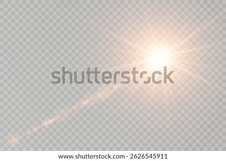 Sun rays with lens glow flicker on soft gradient. Transparent light beams enhance realistic sunlight scenes. Vector flare radiates golden warmth in natural style. Subtle glare blends into photo