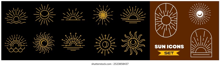 Sun rays line design elements. Vector linear icons in minimal boho style. Half circle shapes logos. Sunset or sunrise symbols set. vector illustration 