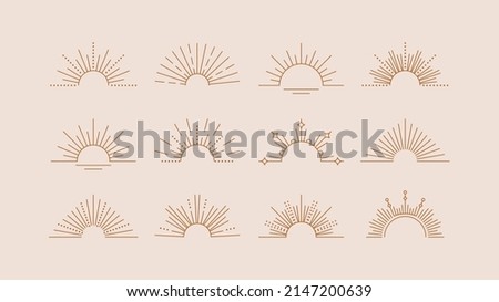 Sun rays line design elements. Vector linear icons in minimal boho style. Half circle shapes logos. Sunset or sunrise symbols set.
