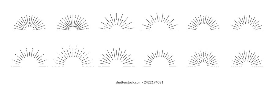 Sun rays linear drawing isolated. Vintage sunburst set. Geometric design elements.