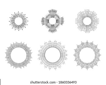 Sun rays linear drawings. Hand drawn sunburst halos illustration set in vector.