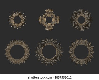 Sonnenstrahlen lineare Zeichnungen auf schwarzem Hintergrund. Handgezeichnete Halos-Illustration in Vektorgrafik.