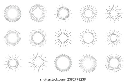 Sun Rays linear Hipster Logo Sunburst Set line illustration Vector Design. Sunbeam Collection,  Elements