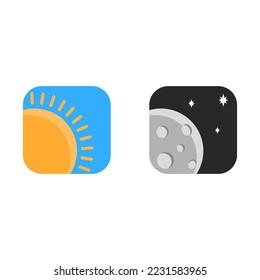 Sun with rays and moon with stars two square weather icons with rounded isolated on white background as symbols of day and night.