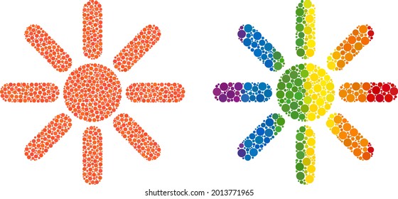 Sun rays mosaic icon of round items in variable sizes and rainbow color hues. A dotted LGBT-colored sun rays for lesbians, gays, bisexuals, and transgenders. Vector icon in LGBT flag colors.