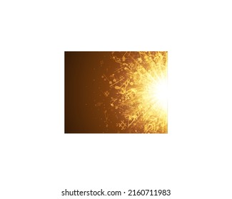 Sun rays from musical notes vector illustration. Bright yellow light with flying symbols creative music. Classical symphony of orchestra and modern rap style accompanied beautiful sound.