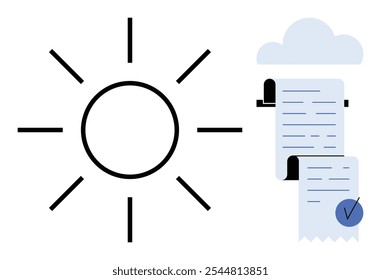 Sun with rays next to cloud above rolled documents symbolizes clarity. Ideal for presentation, document approval, cloud storage, project tracking, and weather forecast. Clean minimalist style