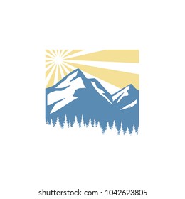 Sun Rays on Rocky Ice Mountain Peak Silhouette for Forest Adventure Outdoor logo design inspiration