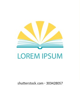 Sun rays over opened book vector logo. Education and knowledge concepts. Library, school, university or college education. E-book icon. Open book logotype design template