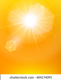 The sun rays poster bright sunlight with flares on the abstract orange background vector illustration
