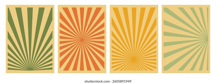 Sun rays poster set. Abstract swirling radial pattern background. Caramel color concept. Vintage sun rays. Retro style.