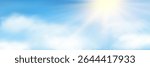 Sun rays, realistic white fluffy clouds on light blue pastel colored sky background. Summer cloudy sunrise or sunset sky. Bright sunlight in fine weather. Sunny heaven landscape. Vector illustration