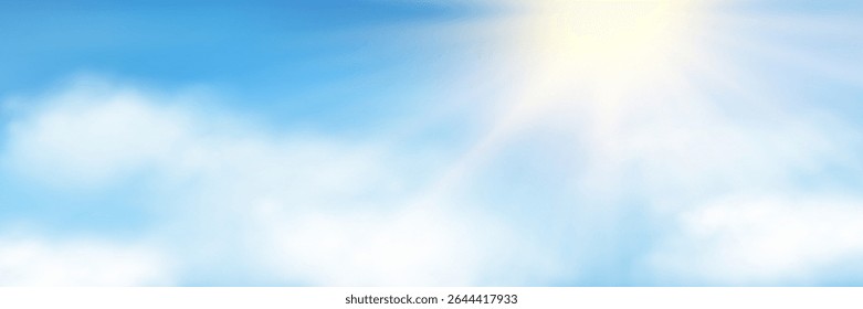 Raios do sol, nuvens brancas realistas e fofas sobre fundo azul claro pastel colorido do céu. Verão nublado céu de nascer ou pôr do sol. Luz do sol brilhante em tempo bom. Ensolarado céu paisagem. Ilustração vetorial