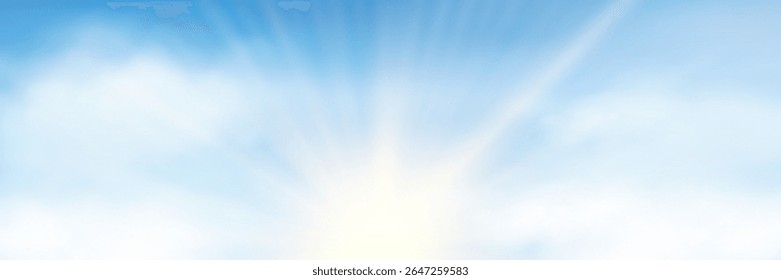 Raios do sol, nuvens brancas realistas e fofas no fundo azul claro do céu pastel. Verão nublado céu de nascer ou pôr do sol. Luz do sol brilhante em tempo bom. Abstrato paisagem do céu ensolarado. Ilustração vetorial