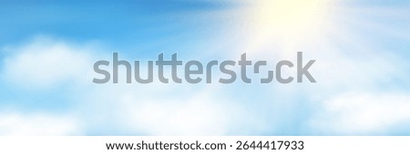 Sun rays, realistic white fluffy clouds on light blue pastel colored sky background. Summer cloudy sunrise or sunset sky. Bright sunlight in fine weather. Sunny heaven landscape. Vector illustration