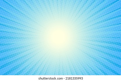 Sun rays retro vintage style on blue background, Comic pattern with starburst and halftone. Cartoon retro sunburst effect with dots. Rays. Summer banner vector illustration.
