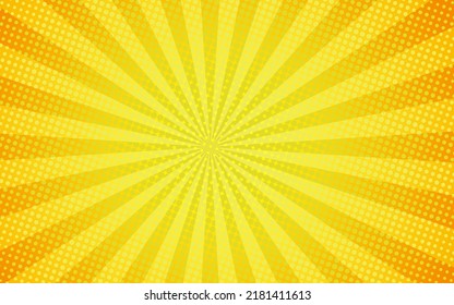 Sonnenstrahlen Retro-Vintage-Stil auf gelbem und orangefarbenem Hintergrund, Comic-Muster mit Starburst und Halfton. Cartoon Retro Sonnenburst Effekt mit Punkten. Rays. Sommerbanner, Vektorgrafik.