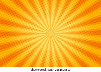Sun rays retro vintage style on yellow and orange background, Comic pattern with starburst and halftone. Cartoon retro sunburst effect with dots. Rays. Summer banner vector illustration.