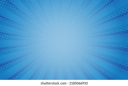 Sun rays retro vintage style on blue background, Comic pattern with starburst and halftone. Cartoon retro sunburst effect with dots. Rays. Summer banner vector illustration.