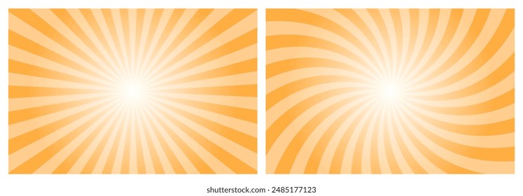 Sun rays retro vintage style yellow orange color background. Radial and swirl Sunburst pattern background. Rays backdrop. Summer banner vector illustration.