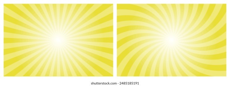 Sun rays retro vintage style yellow background. Radial and spiral sunburst pattern background. Rays. Summer banner set vector illustration