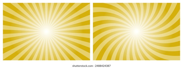 Sun rays retro vintage style gold metallic yellow background. Radial and swirl Sunburst pattern background. Rays backdrop. Summer banner vector illustration.