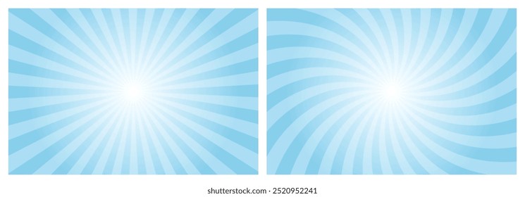 Sun rays retro vintage style sky blue background. Radial and swirl Sunburst pattern background. Rays backdrop. Summer banner vector illustration.
