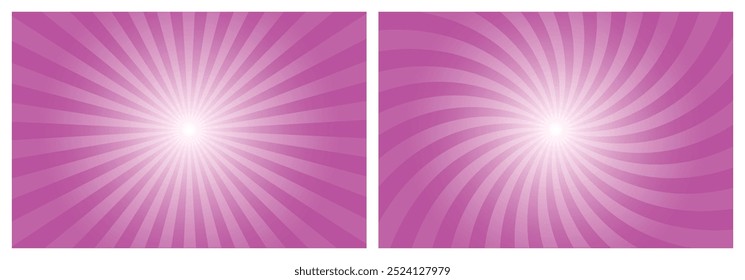 Sun rays retro vintage style fuchsia yellow background. Radial and swirl Sunburst pattern background. Rays backdrop. Summer banner vector illustration.