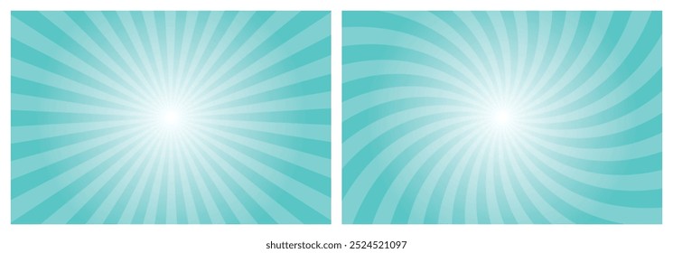 Rayos de sol retro estilo vintage Mediano fondo turquesa. Radial y remolino Sunburst patrón de fondo. Telón de fondo de los rayos. Ilustración vectorial de Anuncio de verano.