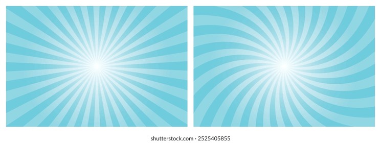 Sun rays retro vintage style aqua blue background. Radial and swirl Sunburst pattern background. Rays backdrop. Summer banner vector illustration.