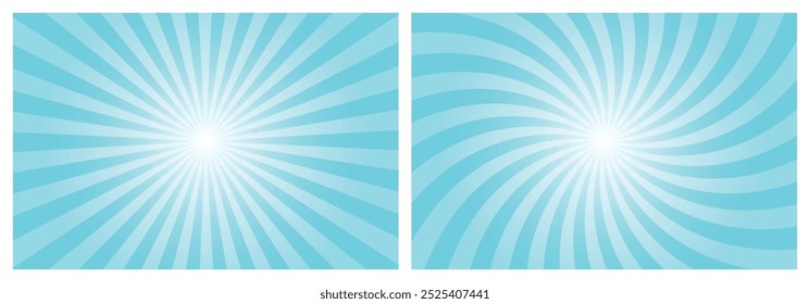 Sun rays retro vintage style cyan blue background. Radial and swirl Sunburst pattern background. Rays backdrop. Summer banner vector illustration.