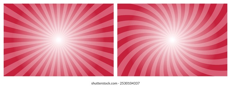 Sun rays retro vintage style cardinal red background. Deep pink radial and swirl Sunburst pattern background. Rays backdrop. Summer banner vector illustration.