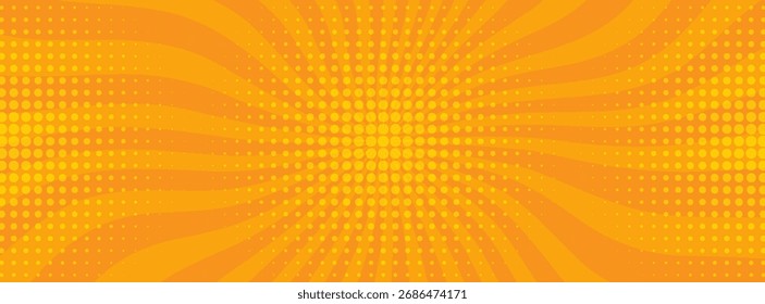Raios de sol Retro vintage estilo em fundo amarelo e laranja, padrão cômico com starburst e meio-tom. Efeito de explosão solar retro de desenhos animados com pontos. Raios. Ilustração de Summer Banner Vetor
