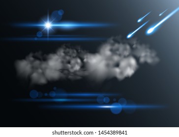 Sun rays set, clouds and comets on a black background.
Vector realistic file.