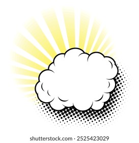 Sun rays shine from behind cloud. Template with copy space for you text. Vector in comic book style on transparent background