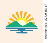 Sun rays shining behind twin green peaks over calm ocean water vector banner