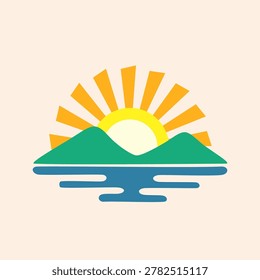 Sun rays shining behind twin green peaks over calm ocean water vector banner