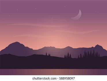 Sun rays shining over central mountains with a visible moon in the sky