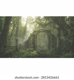 Sun rays shining through dense green forest foliage and trees. Creative halftone dotted pattern nature landscape.