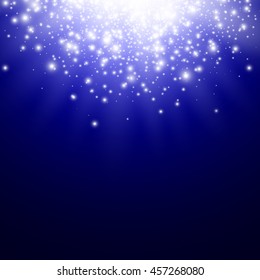 Sun rays, sparkles, flash on blue background. Flare. Glittering lights. Glowing particles. Light effect. Vector illustration.