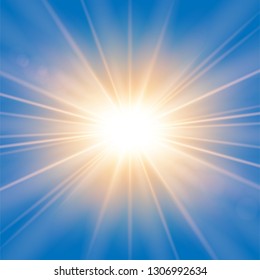 Sun rays. Starburst bright effect, isolated on blue background. Gold light star flash. Abstract shine beams. Vibrant magic sparkle explosion. Glowing burst, lens effect Vector illustration