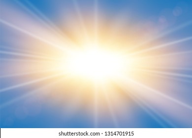 Sun rays. Starburst bright effect, isolated on blue background. Gold light star flash. Abstract shine beams. Vibrant magic sparkle explosion. Glowing burst, lens effect Vector illustration