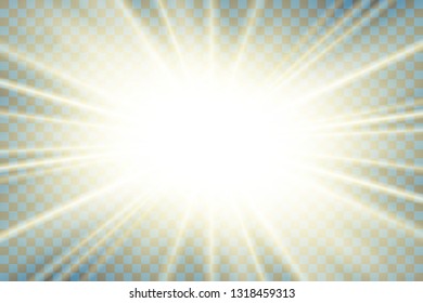 Sun rays. Starburst bright effect, isolated on transparent background. Gold light star flash. Abstract shine beams. Vibrant magic sparkle explosion. Glowing burst, lens effect Vector illustration