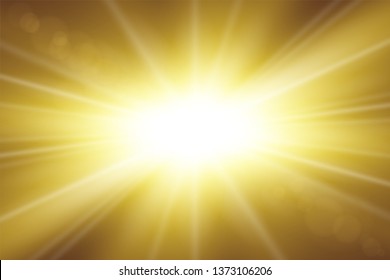 Sun rays. Starburst bright effect, isolated on gold background. Gold light star flash. Abstract shine beams. Vibrant magic sparkle explosion. Glowing burst, lens effect Vector illustration