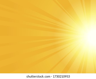 Sonnenstrahlen mit Sonnenstrahlen auf orangefarbenem Hintergrund, hellgelber bersteinfarbener Hintergrund, Sonnenaufgang, gelbe, runde Linien im Retro-Look, Starburst, stürmisches Sommersonnenlicht, Vektor-Illustration, 10.