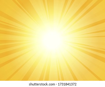 Sonnenstrahlen mit Sonnenstrahlen auf orangefarbenem Hintergrund, hellgelber bersteinfarbener Hintergrund, Sonnenaufgang, gelbe, runde Linien im Retro-Look, Starburst, stürmisches Sommersonnenlicht, Vektor-Illustration, 10.