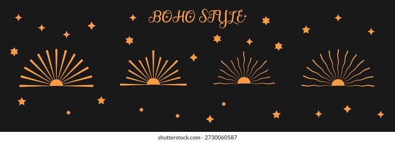Rayos de sol e iconos boho sunburst en contorno y estilos sólidos aislados en fondos negros y transparentes, conjunto gráfico de salida del sol. Patrón sin fisuras de iconos de sol con rayos ondulados. Verano boho terroso 
