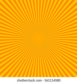 Sun rays, sunburst on orange color background. Sunburst pattern. Abstract radial bright sun burst background. Orange center sunlight gradient design. Vector sunbeam. Line sunray 2d vector background