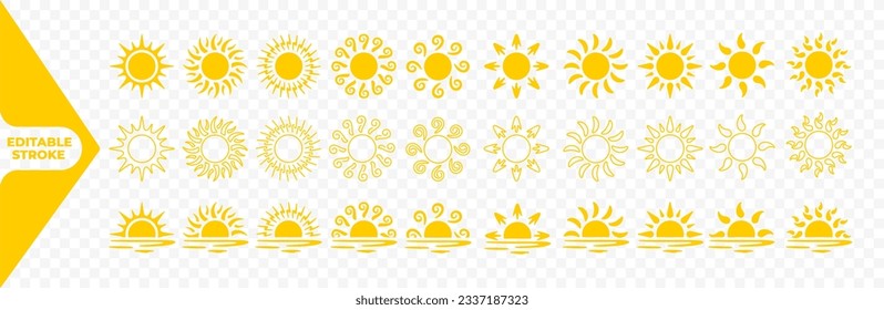 Sun with rays or sunburst vector icons collection. Radial sunset beams graphic design. Sunset or sunrise over the ocean or sea